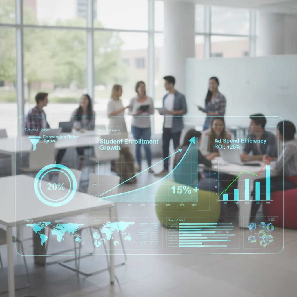 A modern, dynamic digital marketing dashboard displaying analytics for an education institution, with graphs showing student enrollment growth, conversion rates, and ad spend efficiency. In the background, a diverse group of students are interacting in a bright, collaborative learning space, looking inspired and engaged. The image should convey innovation, data-driven success, and a positive learning environment, with no text overlays or low-lighting.