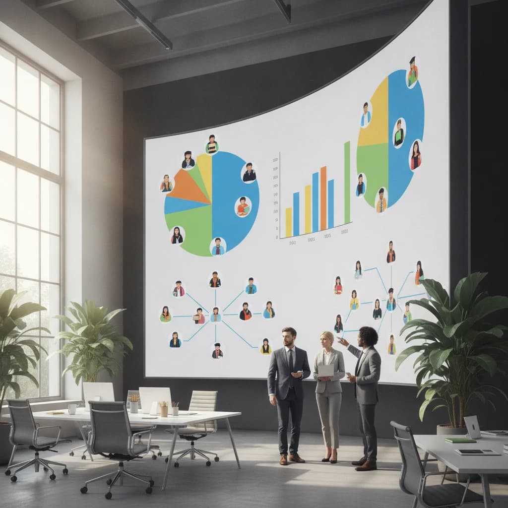 A dynamic, professional image depicting data visualization and custom audience segmentation charts on a large digital screen, with diverse student avatars or icons representing different segments, set in a clean, modern digital marketing office environment. Focus on clarity, bright colors, no text, and a forward-thinking aesthetic.