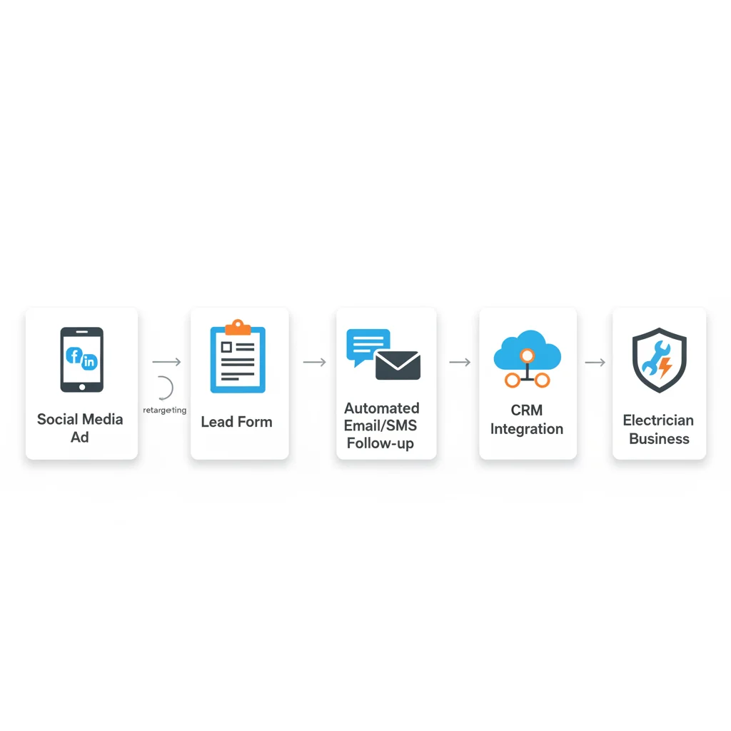 A detailed, modern infographic illustrating the steps of an automated lead capturing cascade for an electrician business, showing a social media ad leading to a lead form, then automated email/SMS follow-up, and finally CRM integration. The infographic should use clear icons and arrows, with a clean, professional aesthetic. NO text overlays, NO text in image, NO competitors, NO low-lighting, NO exposed wires.