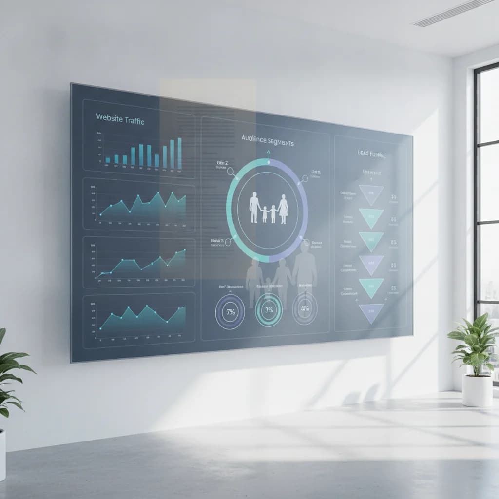 A sophisticated digital marketing dashboard displaying various analytics charts, audience segments, and lead funnels, with a subtle overlay of legal documents or a family silhouette, clean, modern aesthetic, no text overlays, no competitors, no low-lighting