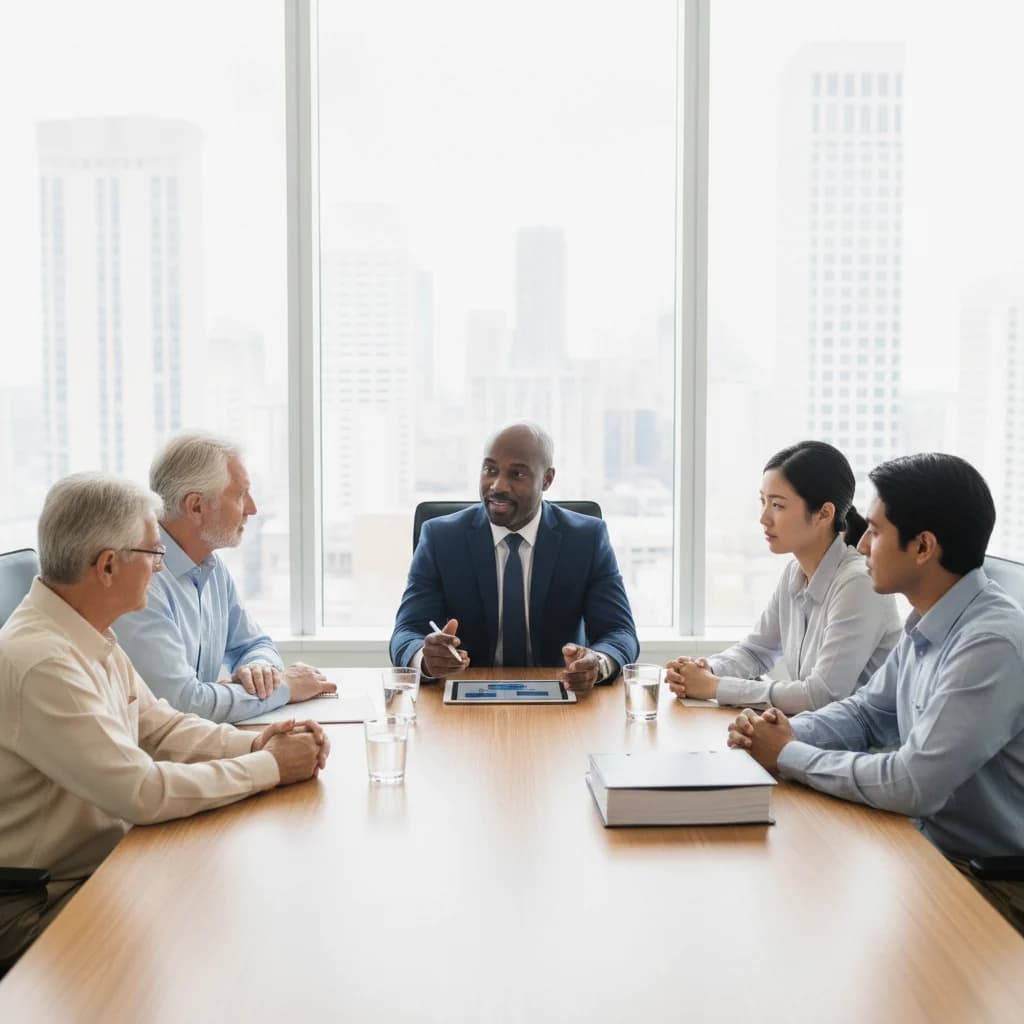 A professional, clean, and modern legal office setting. A diverse group of people (family members, individuals of varying ages) are seated around a conference table, attentively listening to a knowledgeable estate planning attorney. The attorney is pointing to a digital tablet or document, explaining concepts clearly. The atmosphere is one of trust, clarity, and forward-planning. No text overlays, no competitors, no low-lighting.