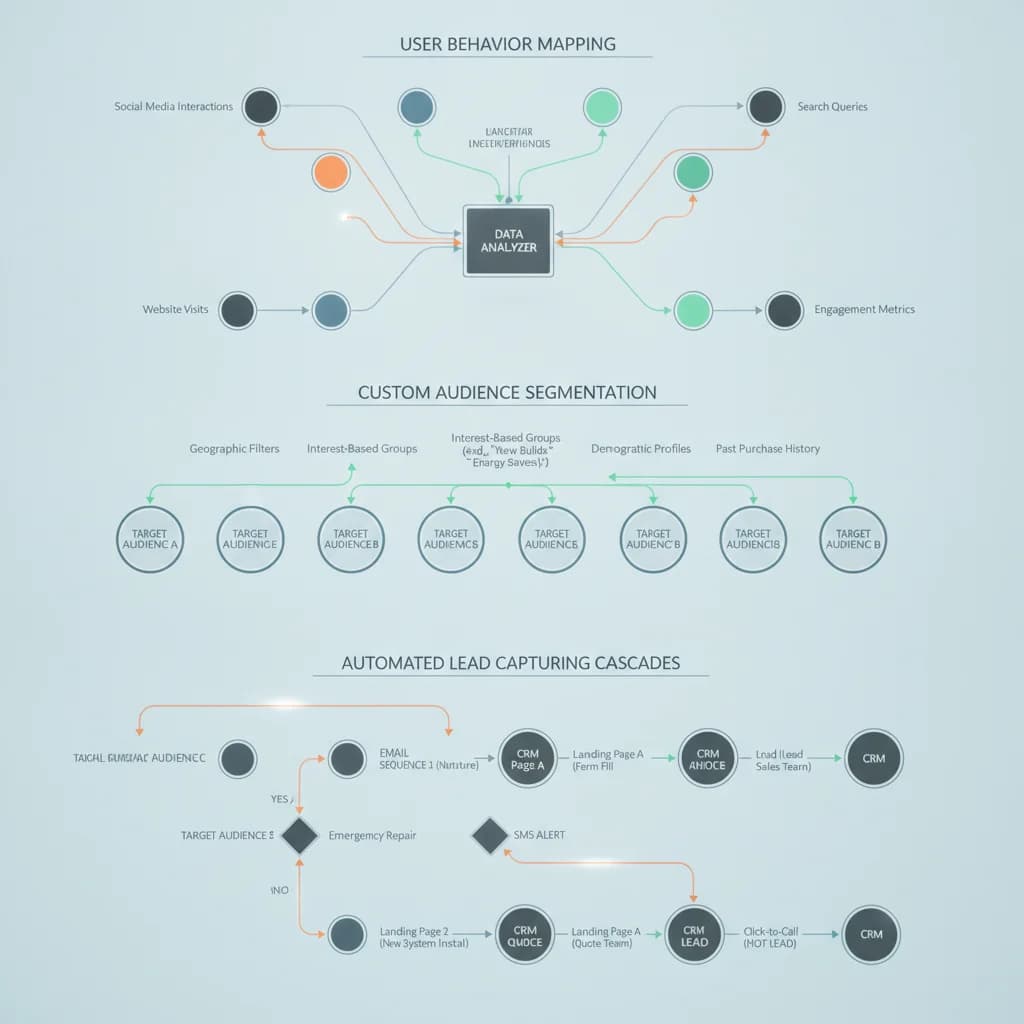 A detailed schematic or flowchart illustrating user behavior mapping, custom audience segmentation, and automated lead capturing cascades for HVAC social media ads. The diagram should be clean, modern, and visually represent data flow and strategic decision points, without any text overlays.