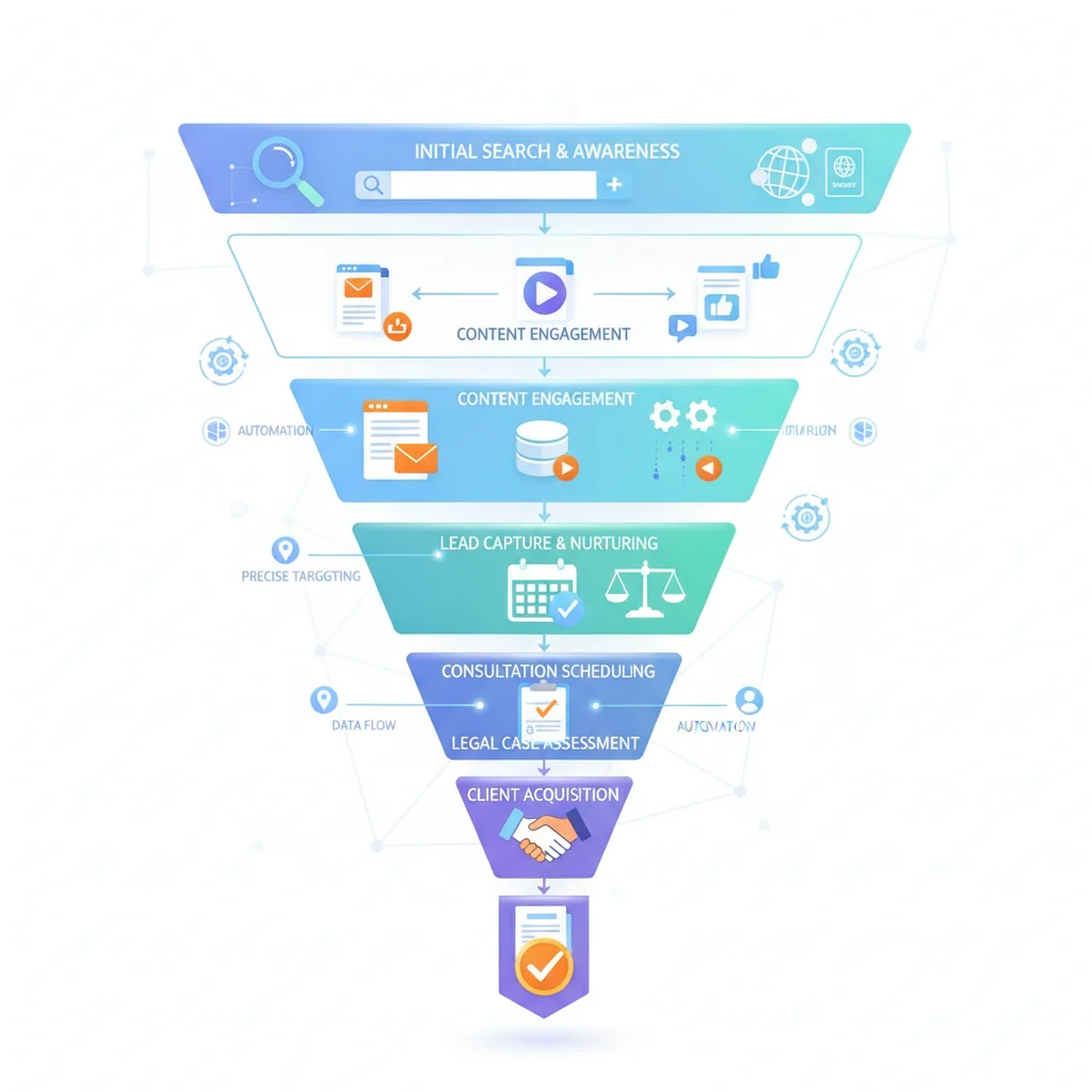 A detailed image showing a complex digital marketing funnel specifically for immigration law, with various stages from initial search to client acquisition. Emphasize automation symbols, data flow, and precise targeting. Clean, vibrant, no text overlays, no competitors, no low-lighting.