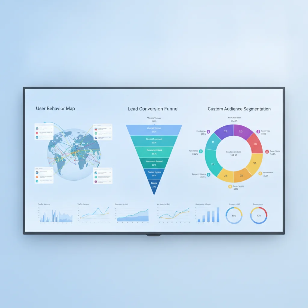 A dynamic digital marketing dashboard displaying various analytics charts and graphs, specifically highlighting user behavior mapping, lead conversion funnels, and custom audience segmentation for immigration law services. The aesthetic should be modern, clean, and professional, with a focus on data visualization. NO text overlays, NO text in image, NO competitors, NO low-lighting.