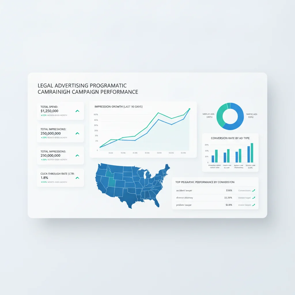 A detailed, modern digital marketing dashboard showing various data points and analytics related to programmatic advertising campaign performance for legal services, with graphs and charts indicating growth. No text overlays, no competitors, no low-lighting, professional and clean aesthetic.