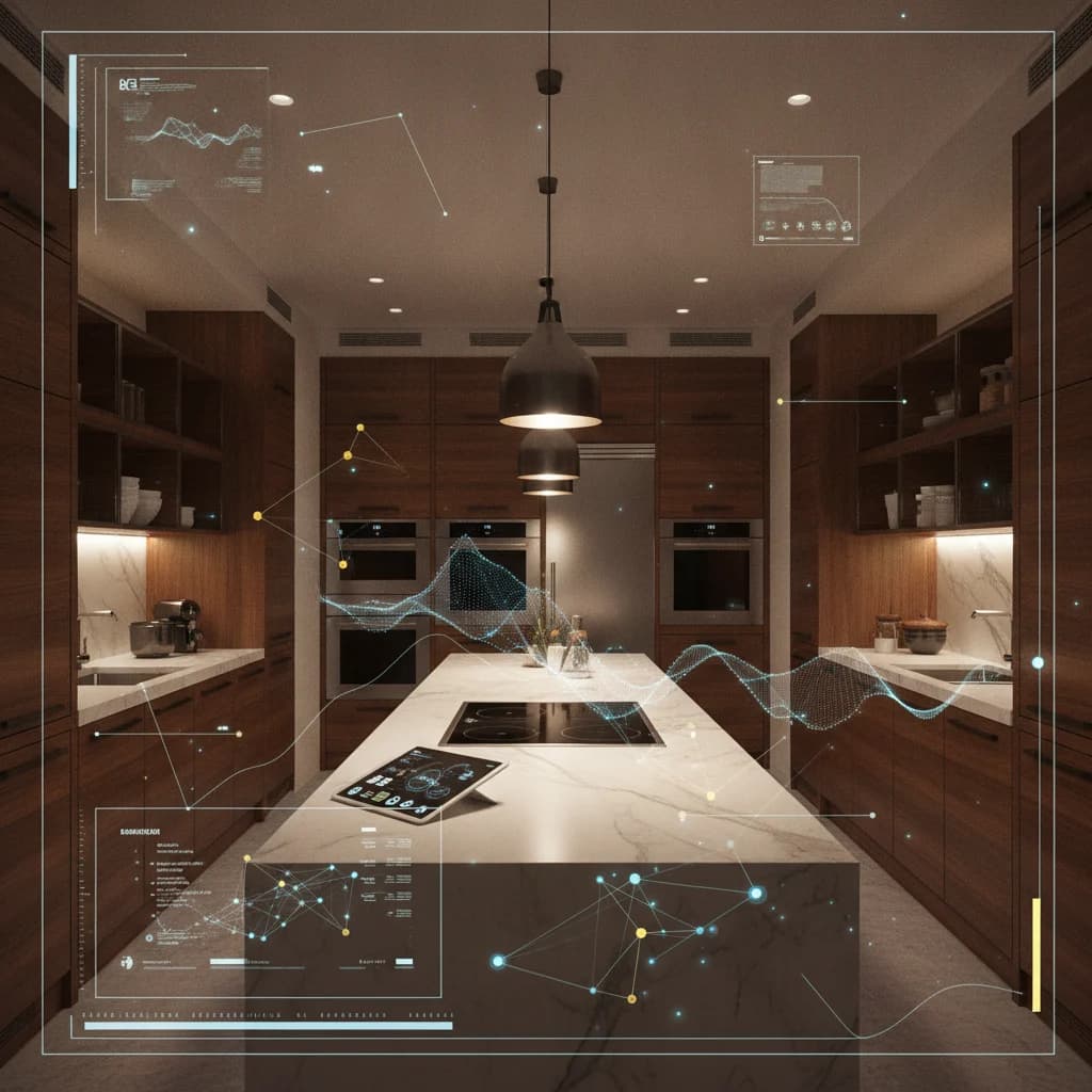 A professional, modern kitchen with warm lighting, seen through a digital interface overlay showing data points and connectivity. The image should convey advanced technology and elegant design, without any text or unorganized elements.