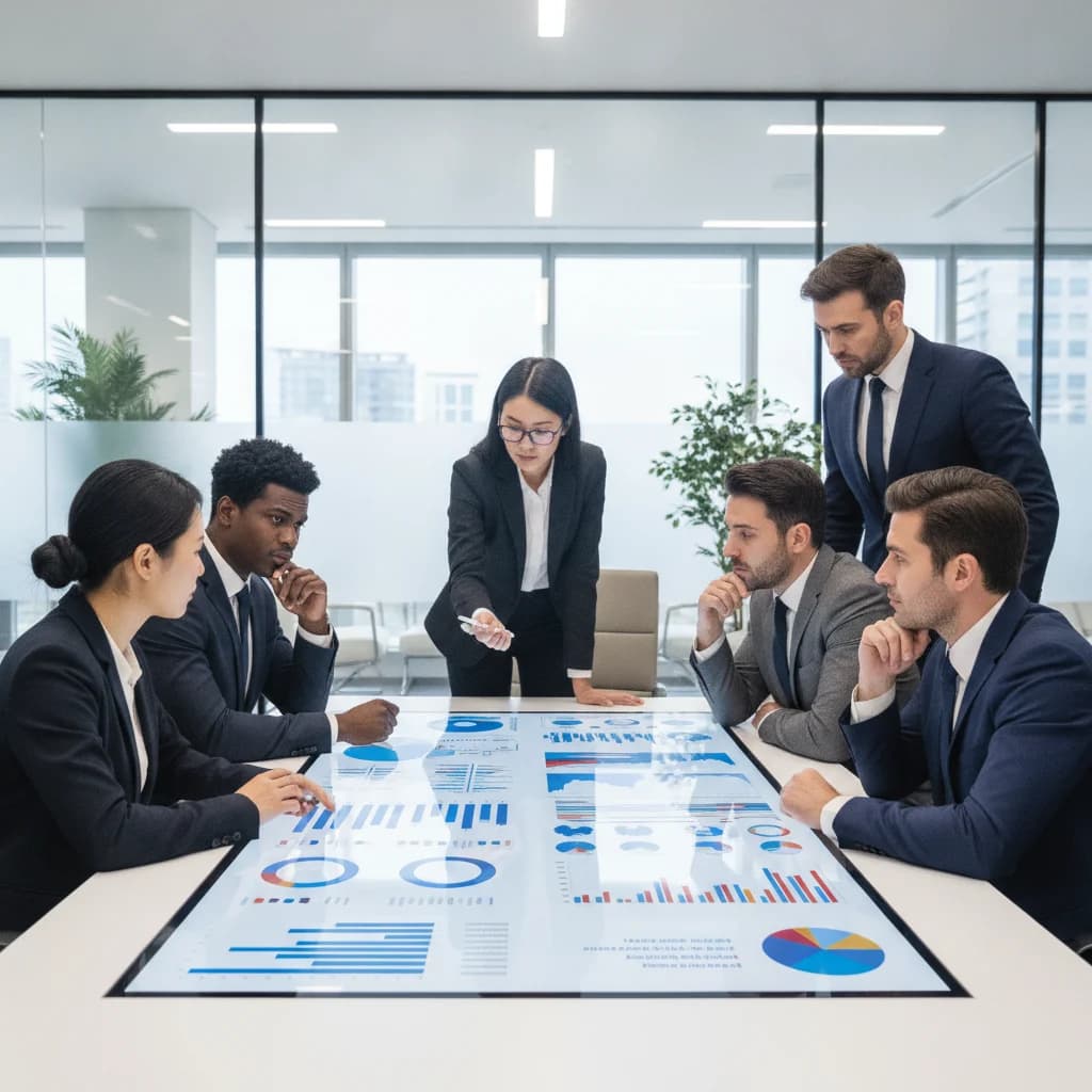 A diverse group of legal professionals, men and women of various ethnicities, in a modern, well-lit law office setting, collaborating around a large screen displaying complex digital marketing analytics and client journey maps. Focus on their engaged expressions and the clean, professional environment. NO text overlays, NO text in image, NO competitors, NO low-lighting, NO generic gavels.