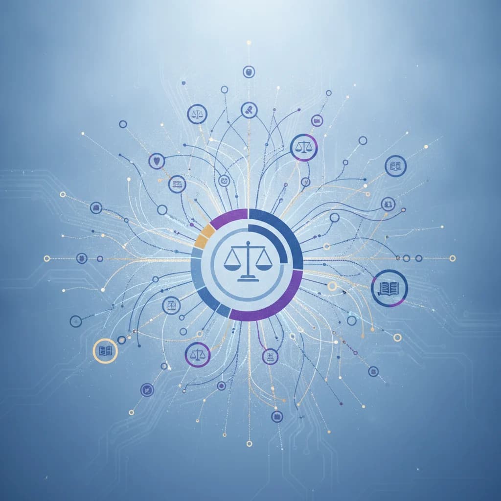 A complex, abstract digital network representing data flow and audience segmentation in law marketing. The image should feature interconnected nodes, subtle legal iconography integrated into the data visualization (e.g., scales of justice as part of a graph, not overt), dynamic light trails, and a clean, professional aesthetic. No text, no gavels, no low lighting, no competitors.