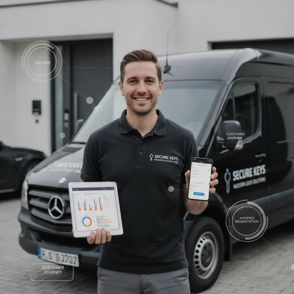 A professional, modern locksmith technician, with a friendly expression, holding a tablet displaying social media ad analytics and a phone showing a lead form, standing in front of a sleek, branded locksmith van. The background subtly includes elements of a secure home and a car, with digital interface overlays showing customer journey mapping and audience segmentation. No text in image, no competitors, no low-lighting.
