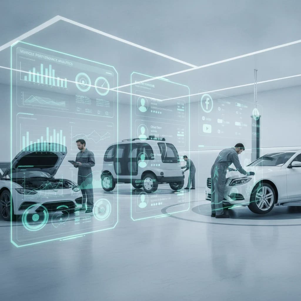 A modern, clean auto repair shop with mechanics working on vehicles, overlaid with transparent digital interfaces showing data analytics, customer profiles, and social media icons. Bright, professional lighting, no text in image, no competitors.