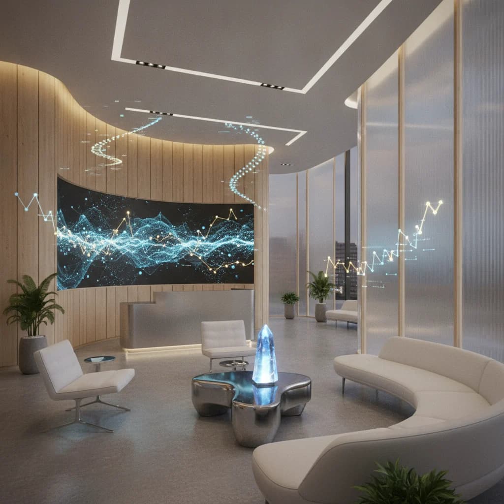 A sophisticated, clean image showing a modern med spa environment with subtle digital marketing elements overlaid, like abstract data points or a glowing network. Focus on elegance, technology, and growth. No text.