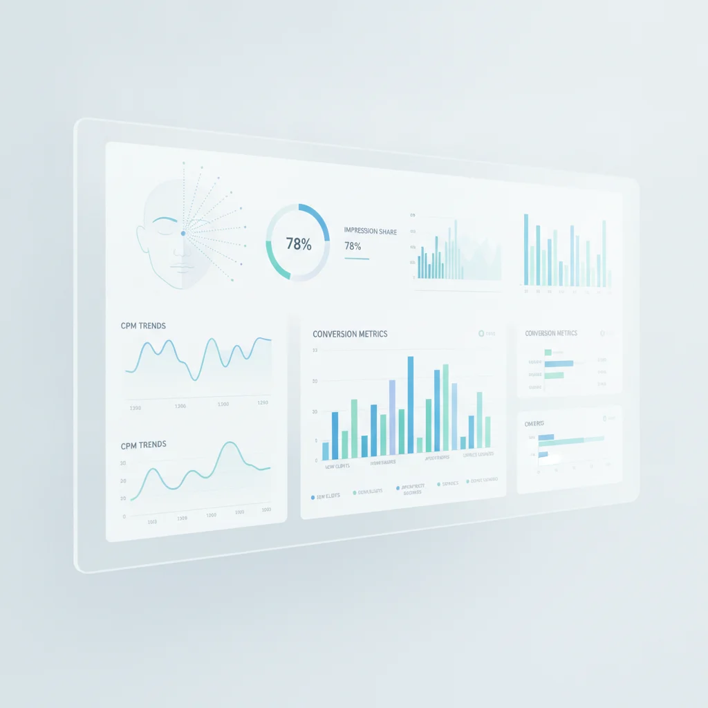 A professional, modern digital marketing dashboard displaying data analytics, charts, and graphs related to programmatic advertising for a med spa, with aesthetic elements like a subtle outline of a facial treatment or laser. Bright, clean, and futuristic aesthetic, no text, no competitors, no low-lighting, no exaggerated faces.