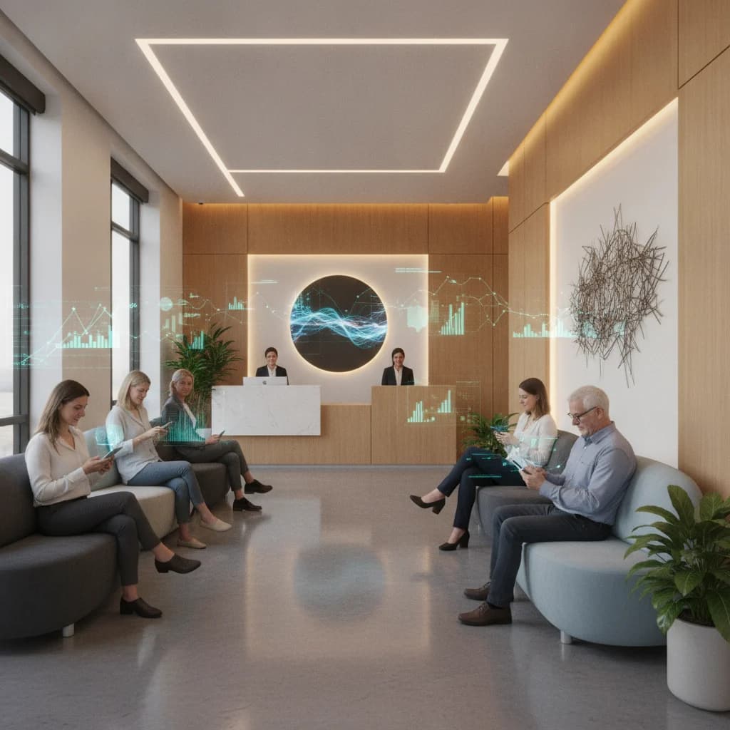 A modern, clean medical office lobby with soft lighting, a diverse group of patients looking at their phones or tablets, and a subtle overlay of digital analytics graphs or a network connection symbolizing advanced digital marketing. Focus on professionalism, trust, and technology without being sterile or cold. No text on screens, no needles, no emergency room chaos. Bright and inviting atmosphere.