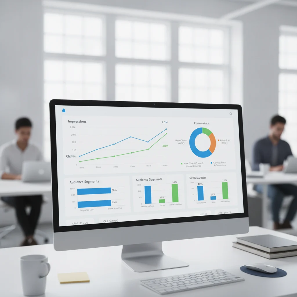 A professional, modern digital marketing dashboard with various charts and graphs displaying data related to programmatic advertising performance for a law firm. The screen shows metrics like impressions, clicks, conversions, and audience segments. The background is slightly blurred, suggesting a busy office environment, but the focus is on the clear, data-rich screen. No text overlays, no low-lighting, clean aesthetic.