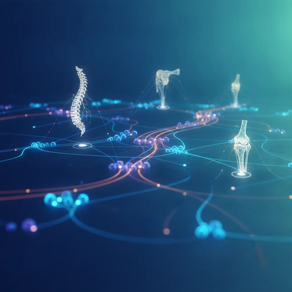 A detailed, abstract digital map showing interconnected data points and user journey paths, overlaid with medical symbols like a spine or knee joint, representing precision targeting in physical therapy social media advertising. No text in image, no competitors, no low-lighting.
