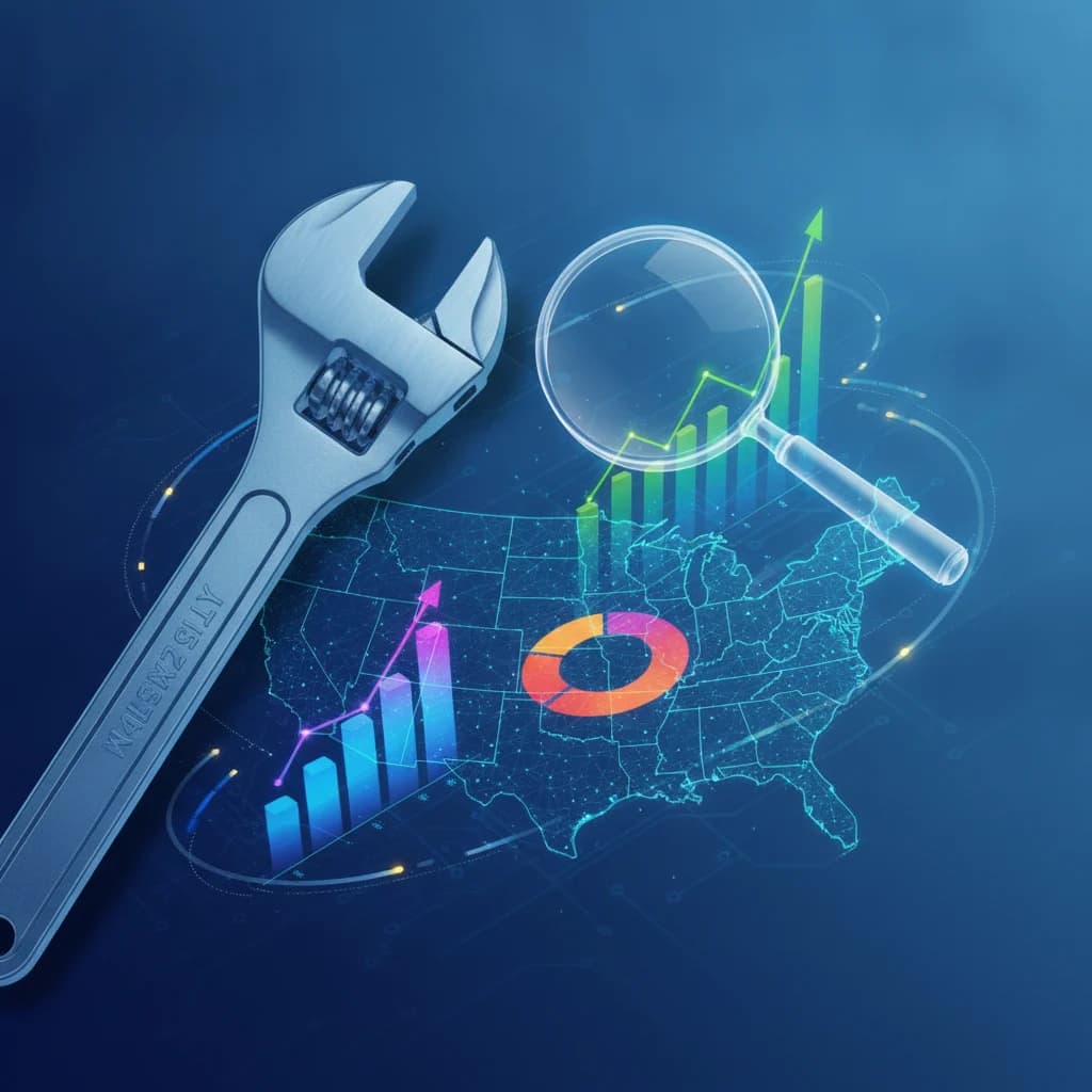 A dynamic graphic showcasing a plumber's wrench and a digital magnifying glass over a map of the USA, with data analytics overlays like charts and graphs, representing nationwide digital marketing. The image should be clean, professional, and free of text or competitive logos.