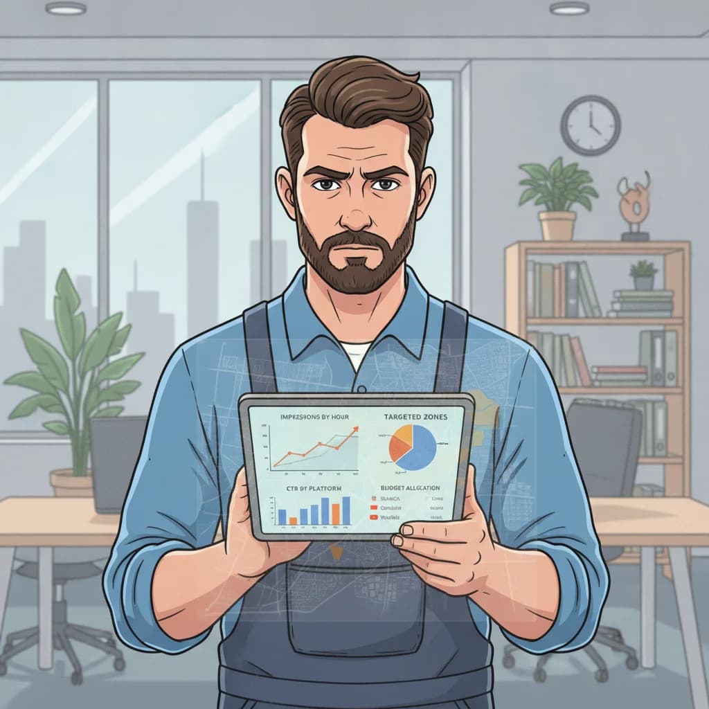 A detailed, clean illustration of a plumber's tablet displaying various charts and graphs related to programmatic ad performance, with a subtle overlay of a map showing targeted areas. The plumber is looking at the tablet with a thoughtful, analytical expression. The background is a modern, tidy office environment. NO text in image, NO competitors, NO low-lighting, NO messy toolboxes.