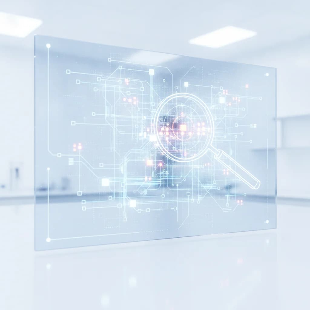 A complex digital network of interconnected nodes representing data flow and automation, with a magnifying glass hovering over specific data points. The overall aesthetic is clean, modern, and high-tech, with no text overlays, no competitors, no low-lighting, and no blurred elements.