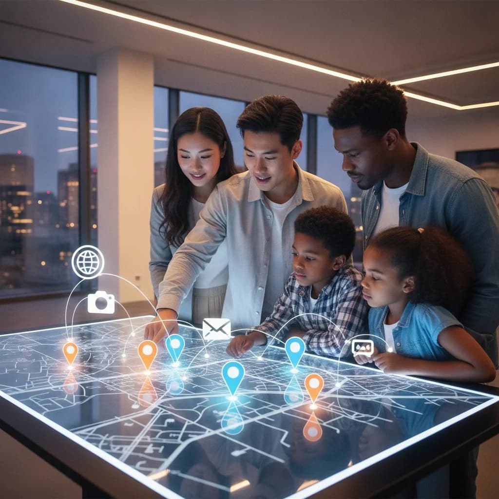A diverse group of people, including a young couple and a family, looking at a digital map with glowing pinpoints representing properties and social media icons. The scene should be bright, modern, and convey connection and smart technology. No text overlays, no text in image, no competitors, no low-lighting, no blurred listings.