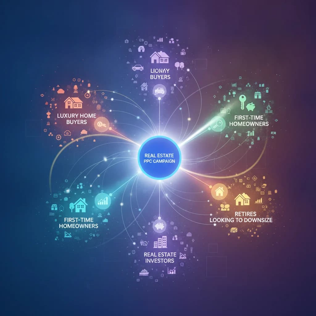 A sophisticated visual representation of custom audience segmentation in real estate PPC. The image should show different demographic and behavioral groups targeted by digital ads, with data points and connections illustrating precision. Bright, professional, and abstract. No text, no people, no competitors.