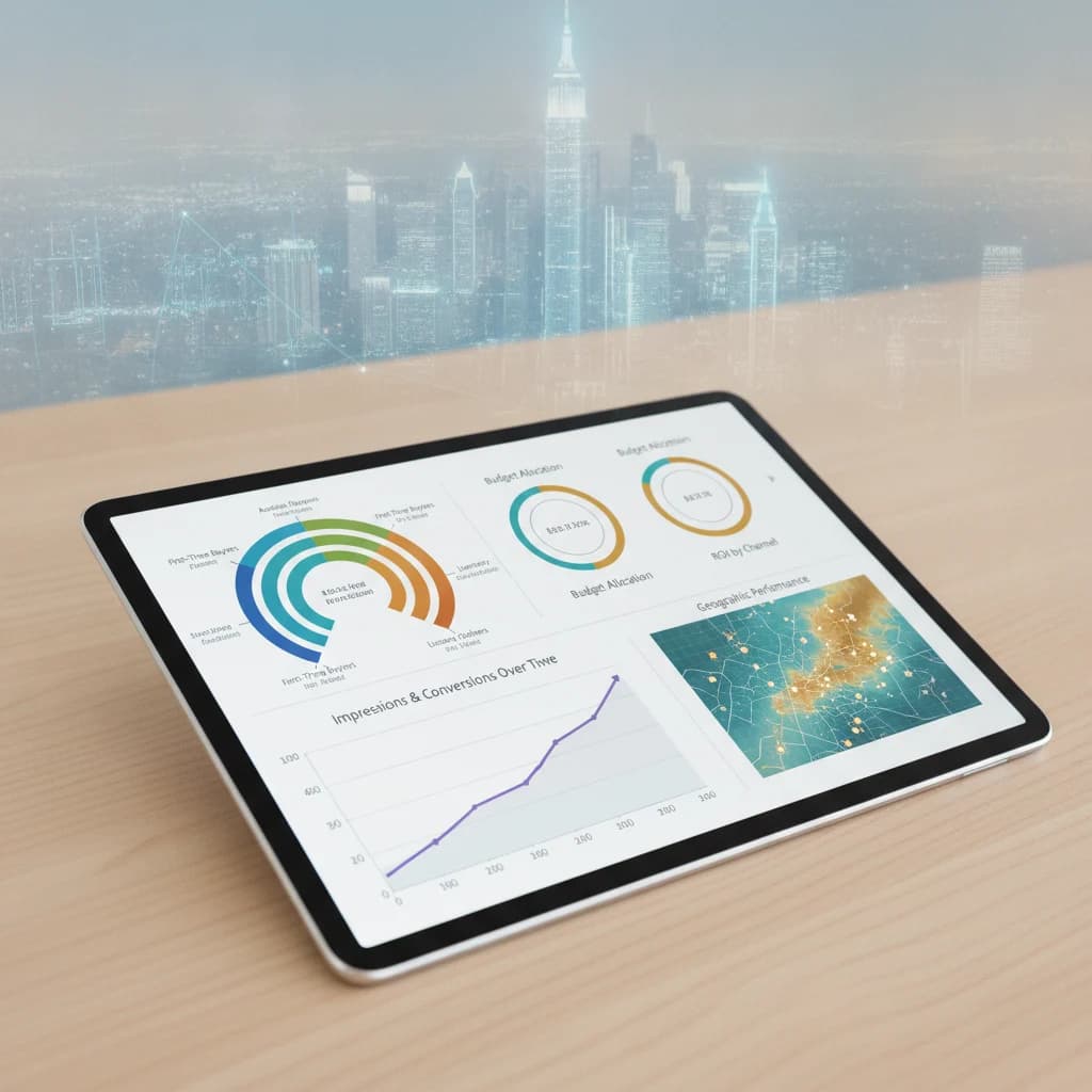 A professional, modern, high-angle shot showcasing a tablet or laptop screen displaying complex real estate programmatic ad analytics, data visualizations, and audience segmentation graphs. In the background, subtly blurred, are iconic city skyline buildings or a digital representation of a property map. The aesthetic is clean, sophisticated, and technology-driven, emphasizing growth and digital dominance in real estate. NO text overlays, NO text in image, NO competitors, NO low-lighting, NO blurred listings.