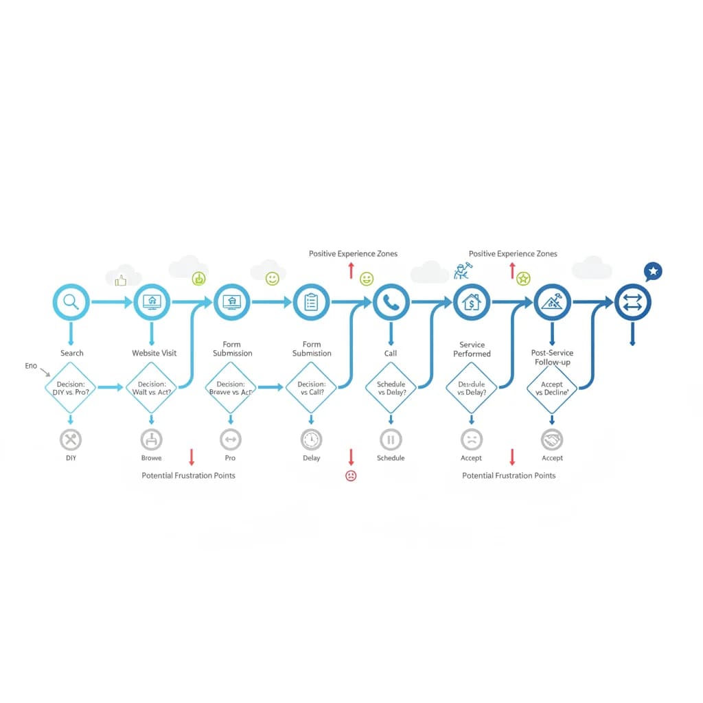 A detailed, clear infographic showing a customer journey map specifically for roofing services, with various touchpoints like search, website visit, form submission, and call, highlighting decision points. No text, no competitors, no low-lighting, no safety violations. Professional and easy to understand.