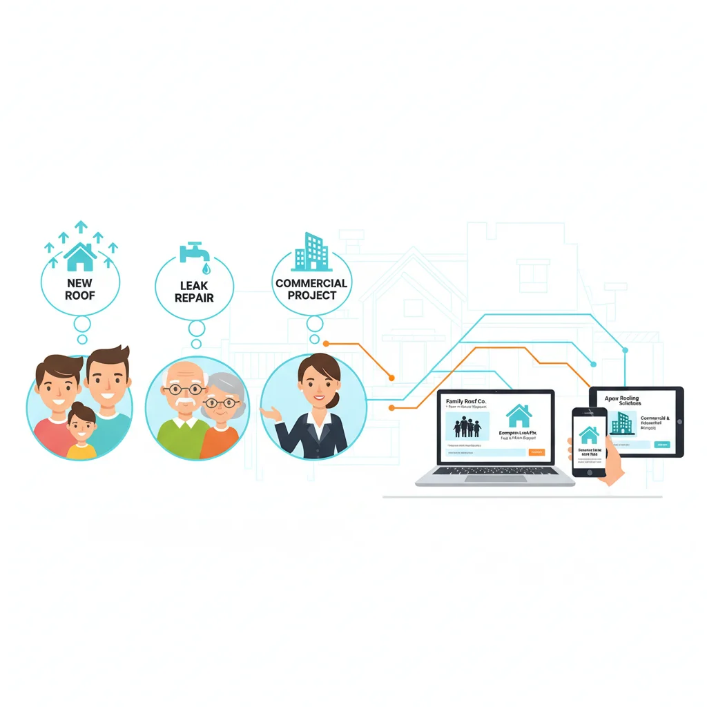 A vibrant, detailed illustration showing different homeowner profiles (e.g., young family, elderly couple, business owner) each with thought bubbles related to roofing needs (e.g., "new roof", "leak repair", "commercial project"). These profiles are connected by glowing lines to various digital devices (laptop, smartphone, tablet) displaying targeted programmatic ads. The overall scene is clean, modern, and conveys precision targeting. No text, no competitors, no low-lighting, no safety violations.