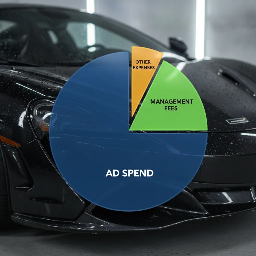 A professional graphic illustrating a pie chart breaking down Google Ads costs into ad spend, management fees, and other expenses for an auto detailing business, set against a blurred background of a sparkling clean car, vibrant and clear, no text, no competitors, no low-lighting.