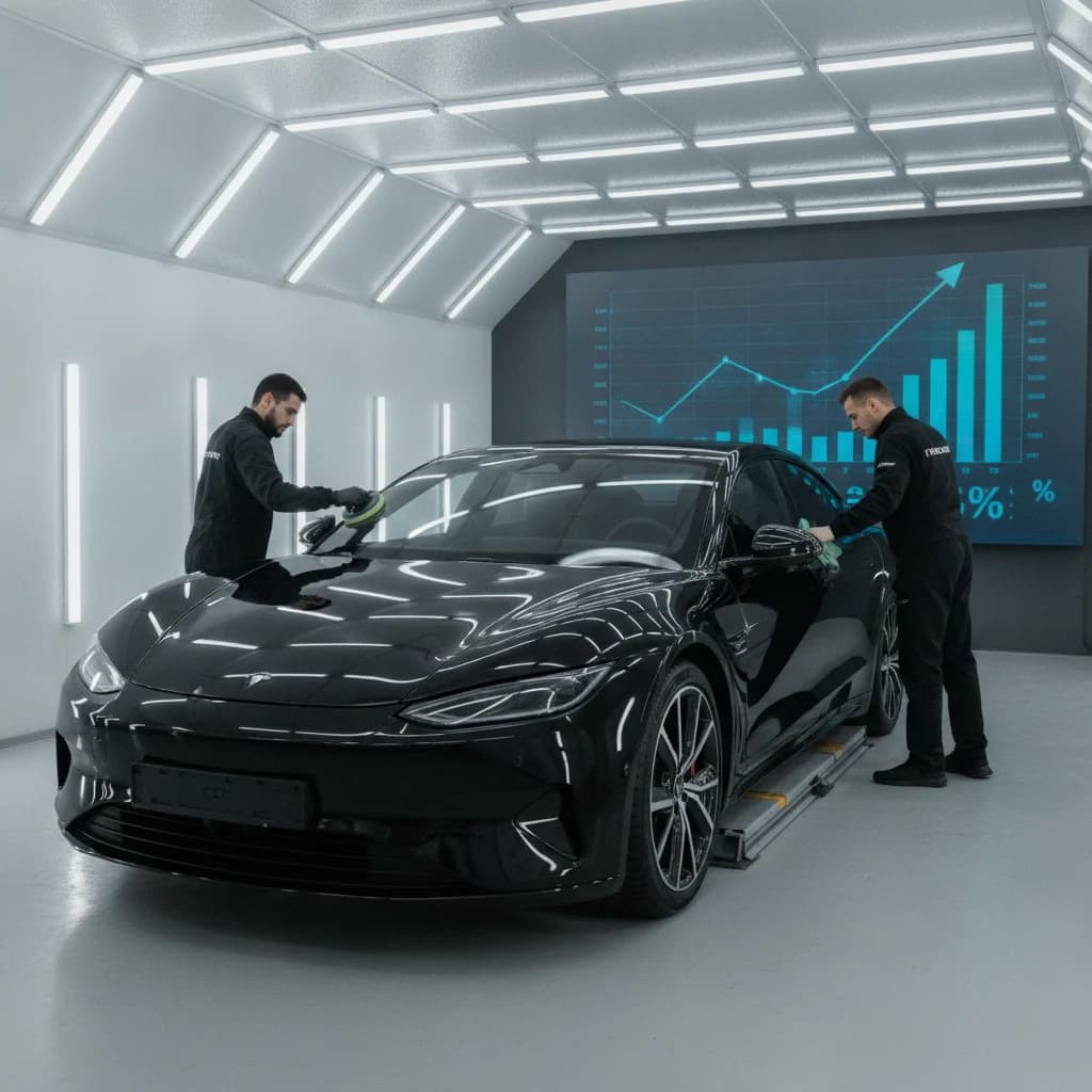 A sleek, modern car being meticulously detailed in a professional, brightly lit auto detailing studio. In the background, a digital dashboard shows a graph with an upward trend, representing successful PPC campaign performance. No text, no competitors, high-quality, professional photography style.