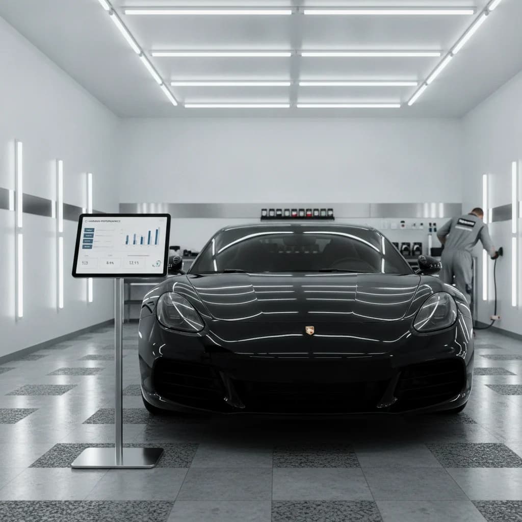 A modern auto detailing studio with a sleek, freshly polished car under bright, even lighting. On a nearby digital tablet, a dashboard displays key programmatic ad metrics like CPC, CTR, and conversion rates, illustrating data-driven optimization. The overall scene conveys professionalism, precision, and digital marketing success. NO text in image, NO competitors, NO low-lighting.