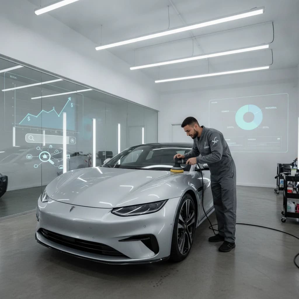 A professional, clean image showing a modern car being detailed by a skilled technician, with digital marketing metrics (graphs, charts, search bar icons) subtly overlaid or integrated into the background, symbolizing the blend of physical service and digital growth. Bright, clear lighting, no text, no competitors.