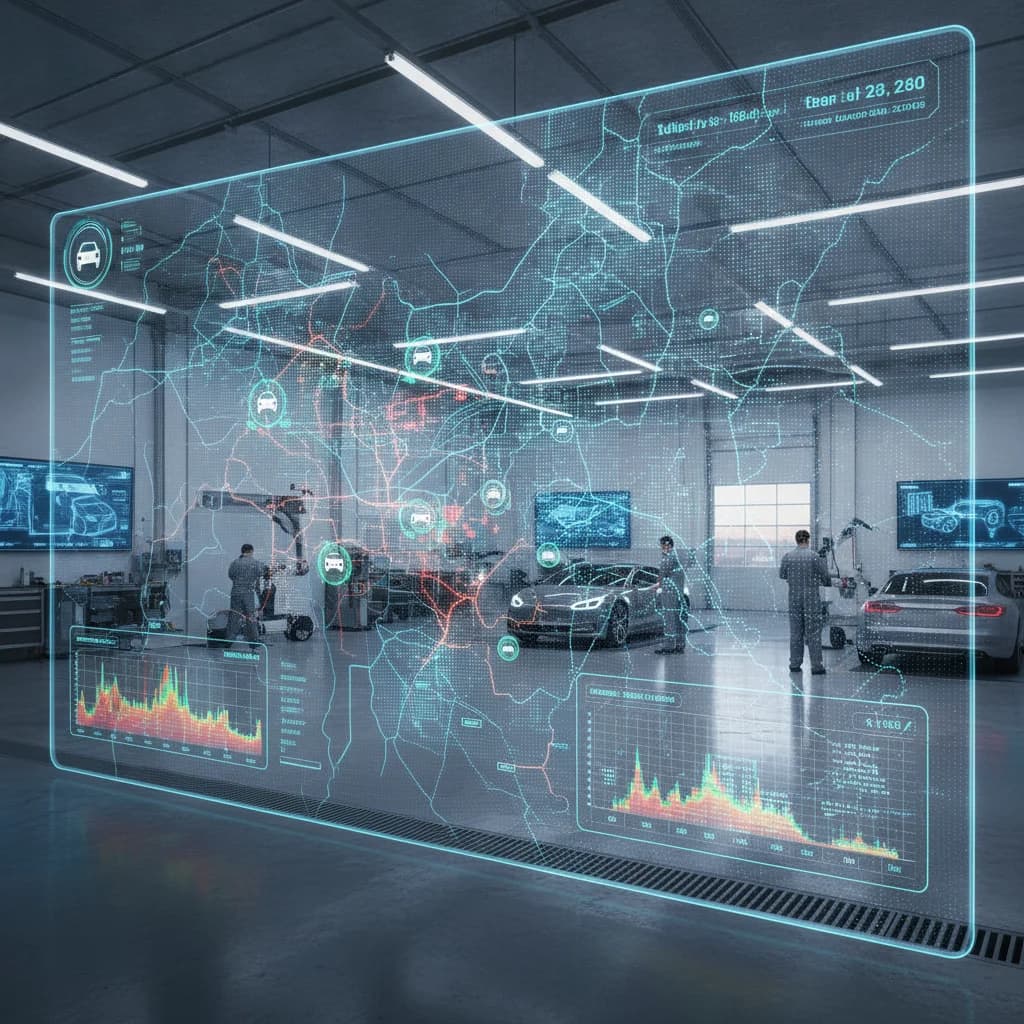 A digital dashboard showing real-time programmatic ad bidding data overlaid on a map of a city, with car service icons highlighting target areas. The background is a clean, modern auto repair shop with technicians working. No text in image, no competitors, no low-lighting, no dirty environments.