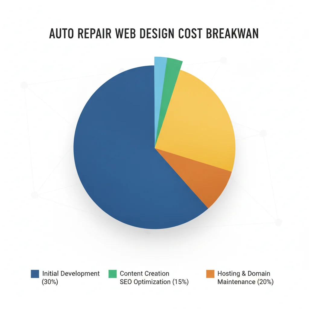 A professional graphic illustrating a pie chart breaking down the typical costs associated with auto repair web design, such as initial development, content, SEO, hosting, and maintenance. The chart should be clean, modern, and easy to understand, without any text in the image itself.