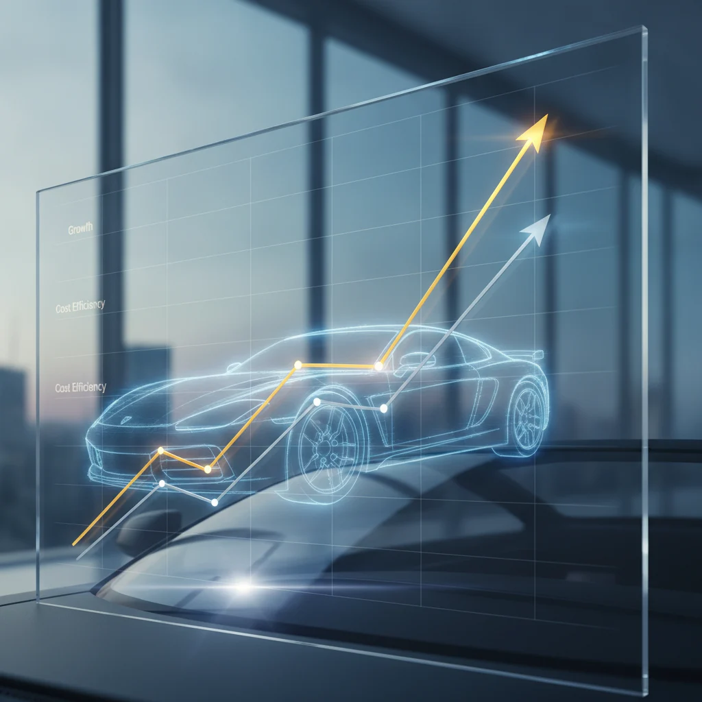 A detailed, clear visual representation of a financial chart showing growth and cost efficiency, overlaid with subtle automotive elements like a car outline or a windshield reflection. The chart should use a clean, modern design with ascending lines, representing positive ROI. Bright lighting, no text in the image, no broken glass, no brand logos.
