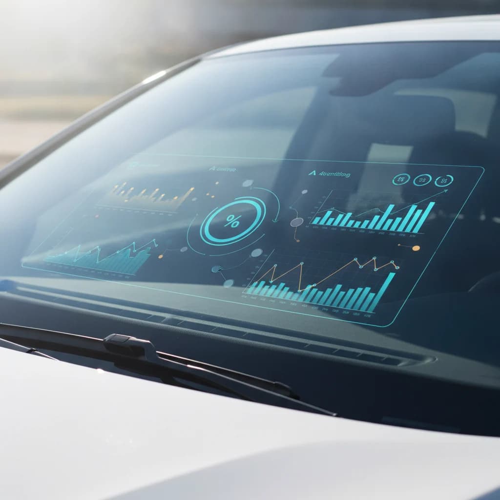 A clean car windshield reflecting a digital advertising dashboard with various metrics and graphs, symbolizing programmatic ad data and ROI. Bright, professional, and clear imagery, no text in the image, no broken glass, no low-lighting.