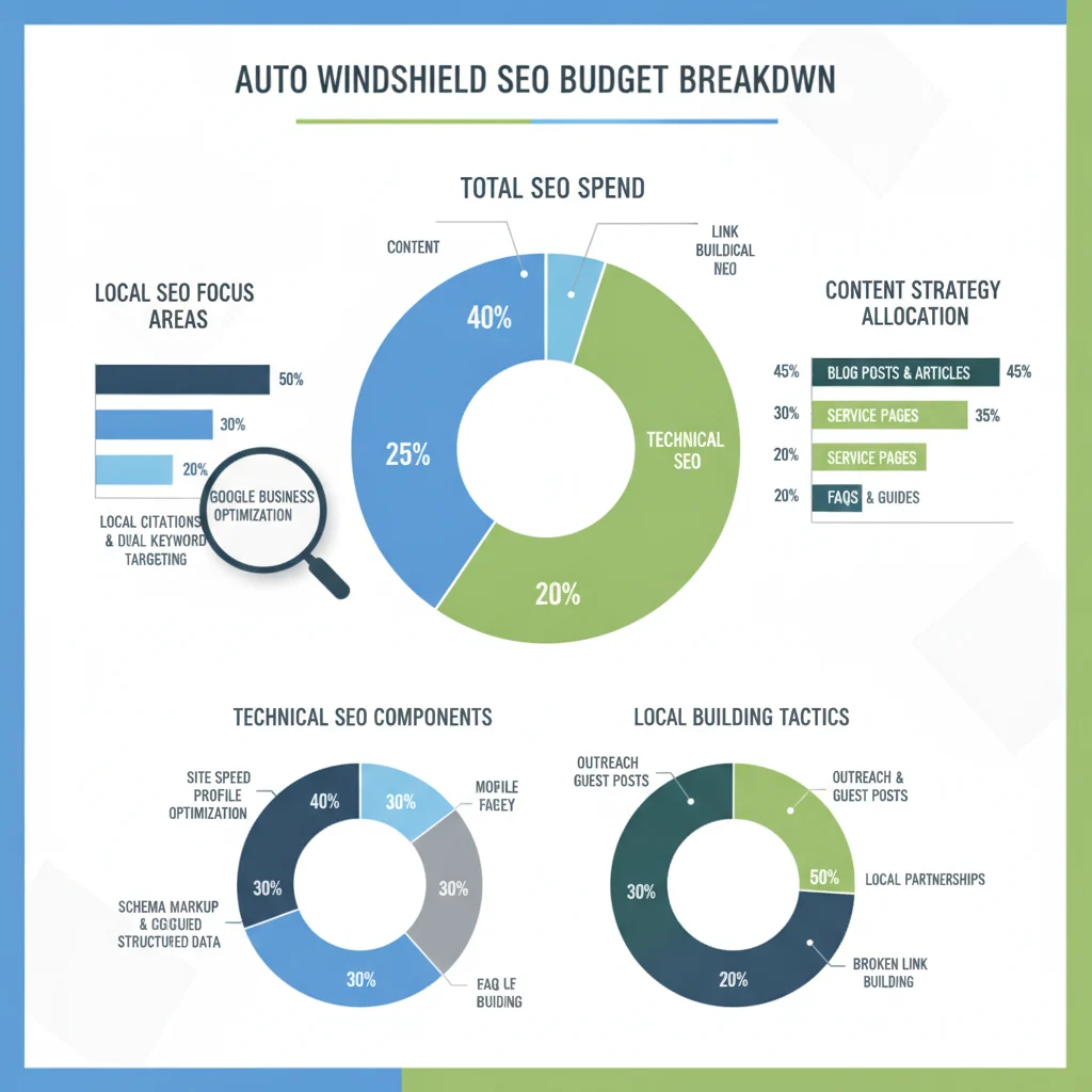 A detailed, data-driven infographic showing a breakdown of SEO budget allocations for auto windshield businesses, with pie charts and bar graphs illustrating typical spend on local SEO, content, technical SEO, and link building. The image should be clean, professional, and use a modern color palette, with no text, no competitors, no low-lighting, and no broken glass. A magnifying glass hovers over a chart element, symbolizing analysis.