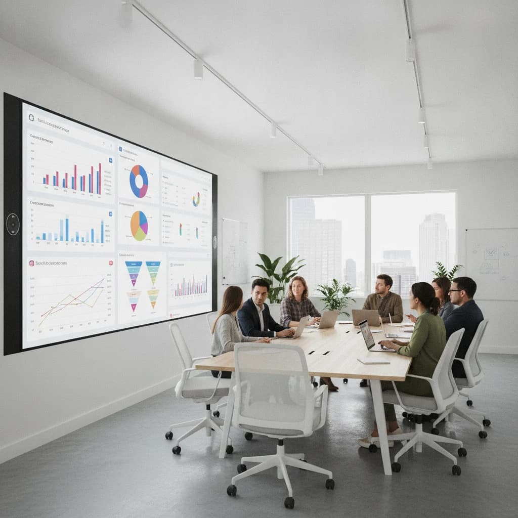 A modern, clean office setting with a diverse team collaborating around a large monitor displaying data analytics, charts, and social media ad campaign metrics. The atmosphere is professional and focused. NO text in image, NO competitors, NO low-lighting, NO broken glass.
