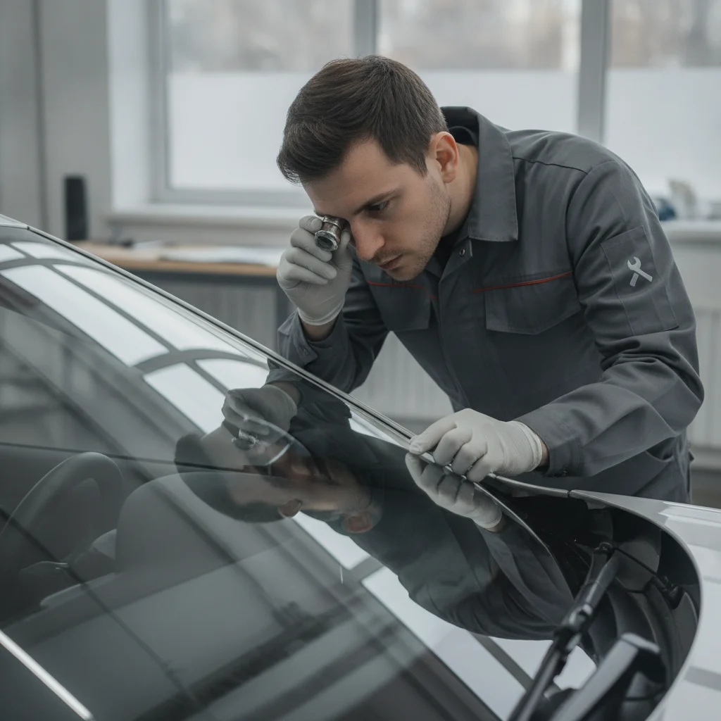 A skilled auto technician carefully inspecting a pristine car windshield, illuminated by natural light, ready for a flawless repair. The scene is bright and professional, with no broken glass, text, or competitors visible.
