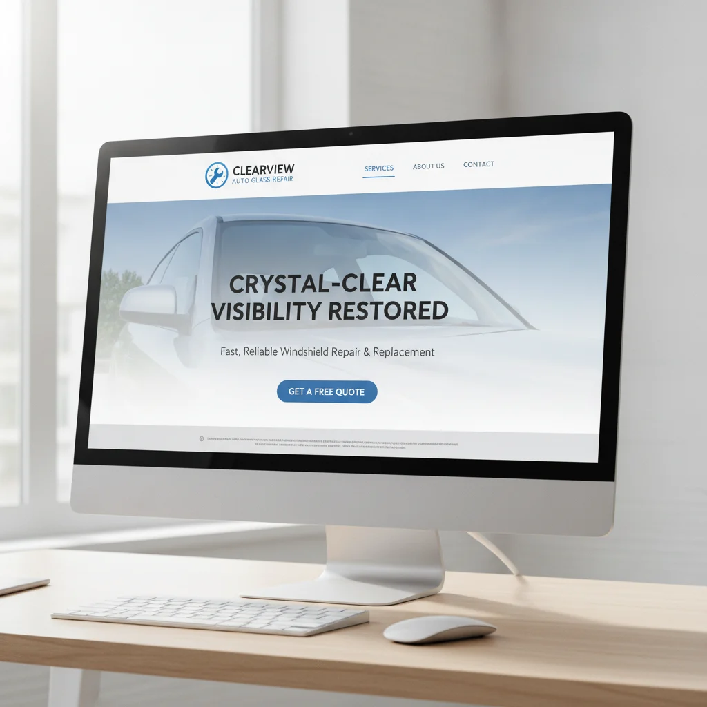 A clean, minimalist website layout on a desktop screen, showcasing an auto windshield repair service, with a clear call-to-action button for 'Get a Free Quote'. The design is modern, professional, and easy to navigate, illustrating an entry-level but effective online presence. No text on the screen, no competitors, no low-lighting, no broken glass.