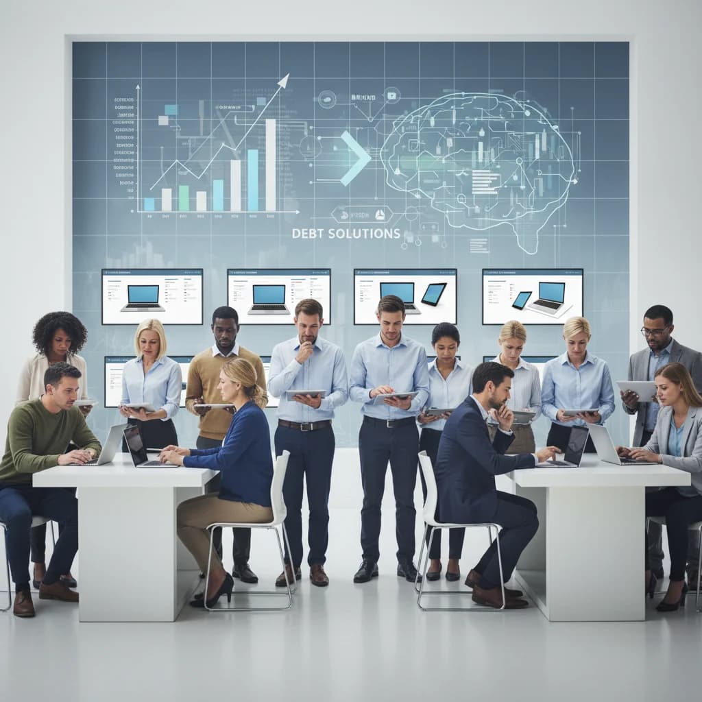 A diverse group of people, some looking thoughtful or slightly stressed, are seeking information on laptops and tablets. In the background, a subtle, modern graphical representation of data analytics and financial charts indicates smart decision-making and lead generation. The overall scene is professional and empathetic, focusing on individuals finding solutions for debt. No gavels, no low lighting, no text overlays, no competitors.