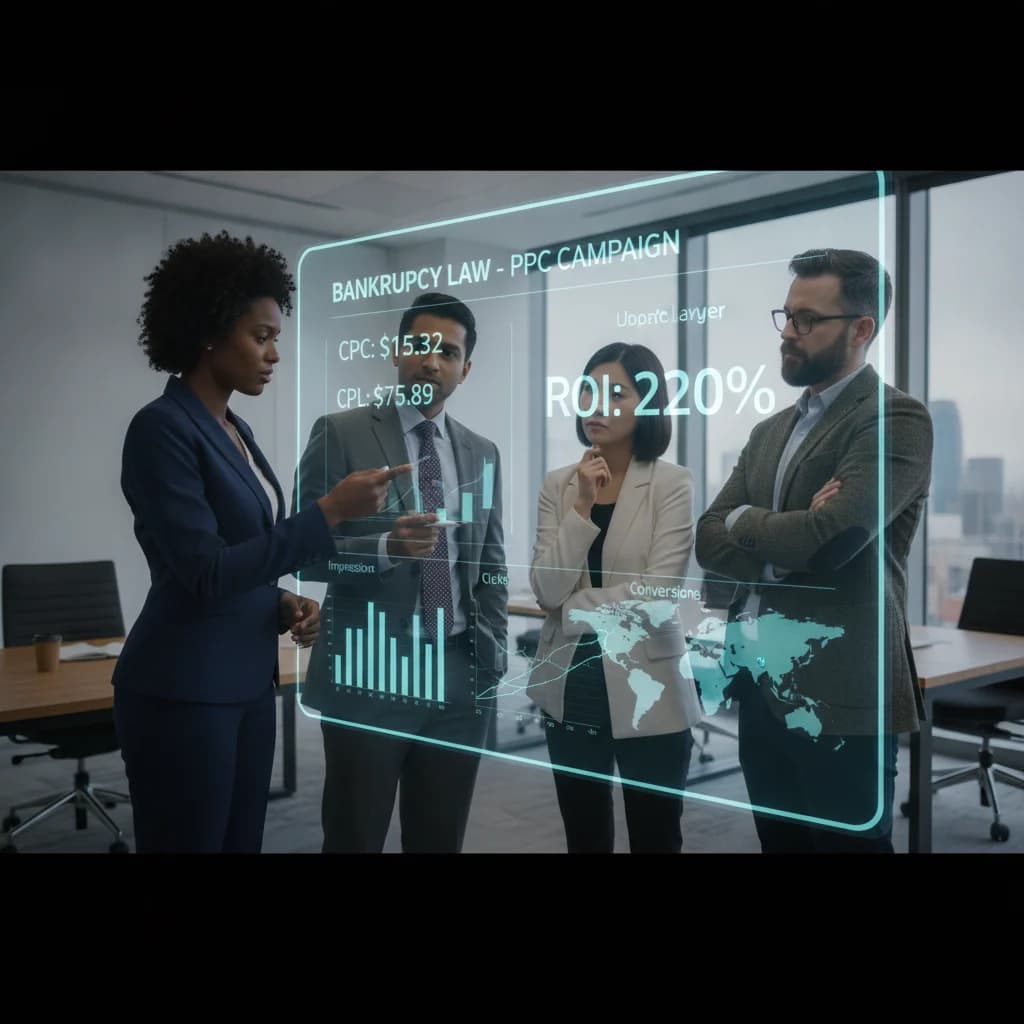 A diverse group of legal professionals, including a bankruptcy lawyer, reviewing a digital dashboard displaying PPC campaign metrics like CPC, CPL, and ROI. The image should convey professionalism and data-driven decision making, with no text overlays or competitors, in good lighting.