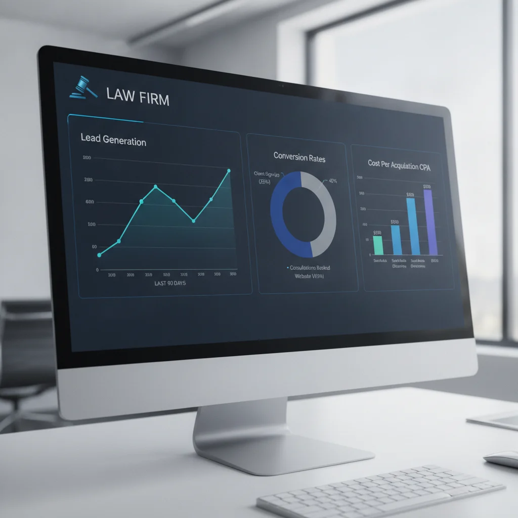 A professional, clean digital interface displaying programmatic advertising metrics and graphs, specifically tailored for a law firm. The screen shows charts indicating lead generation, conversion rates, and cost per acquisition, with a subtle legal icon (like a gavel or scales of justice) integrated into the design. The overall aesthetic is modern, data-driven, and devoid of any text overlays or low lighting.