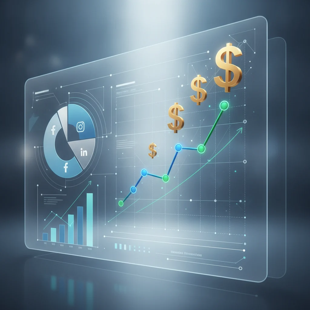 A professional, clean, and abstract depiction of digital marketing metrics and financial growth for a law firm. Visualize data charts, graphs, and currency symbols (like dollar signs) seamlessly integrated with social media icons (Facebook, Instagram, LinkedIn) on a clean, modern digital interface. The overall impression should be one of transparency, efficiency, and positive financial return. No text overlays, no text in image, no competitors, no low-lighting.