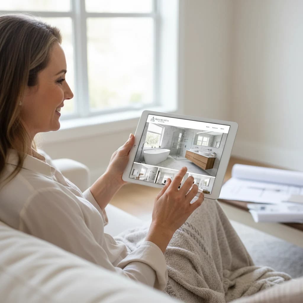 A homeowner happily browsing a beautifully designed bathroom remodeling website on a tablet, with a professional, clean bathroom design visible on the screen. The image should convey inspiration and ease of use, with bright, natural lighting.