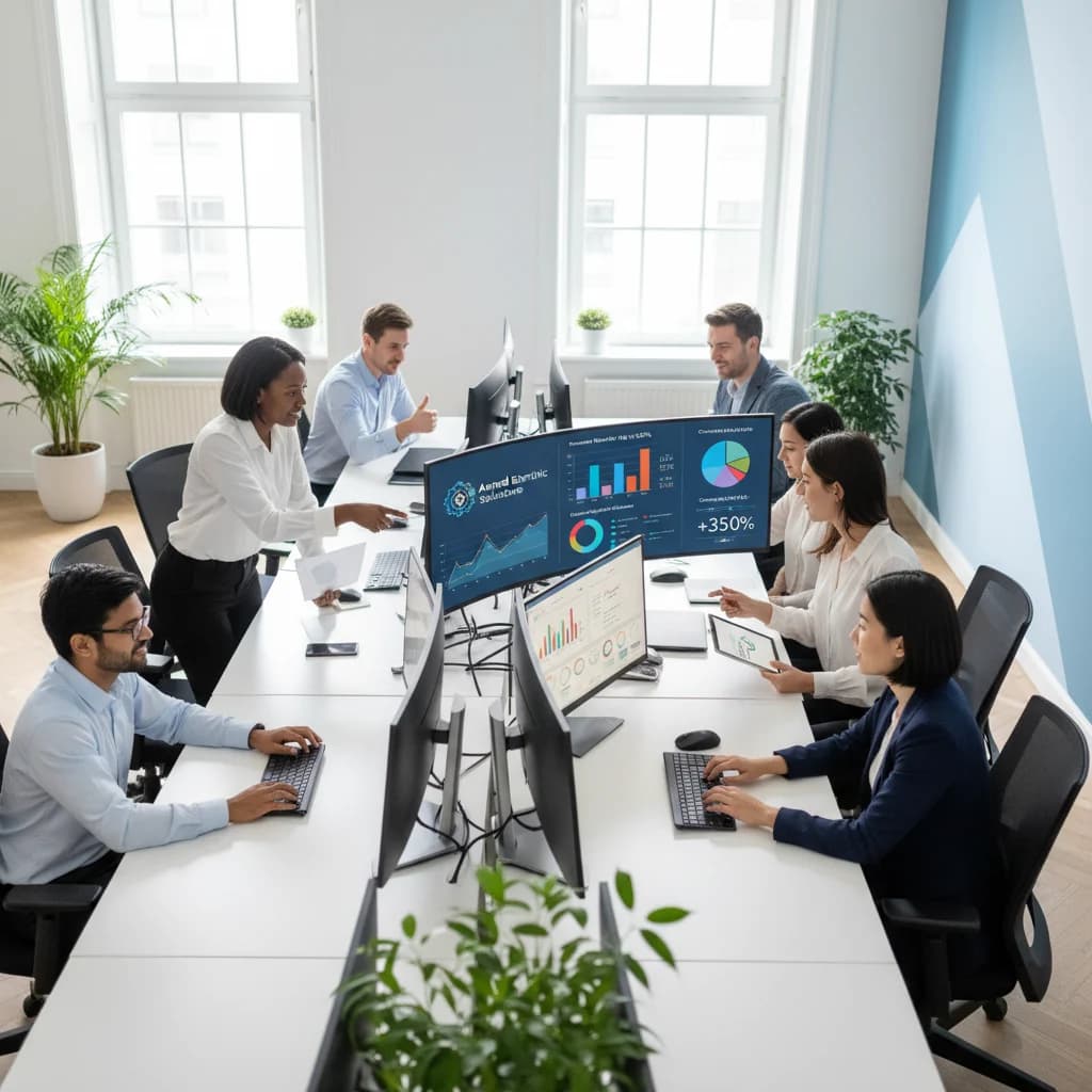 A diverse team of marketing professionals collaboratively working at a modern office, reviewing data on multiple screens, with charts and graphs visible, representing a successful digital marketing campaign for an electrical contractor. The scene should be bright, professional, and convey expertise and growth. No text in image, no competitors, no low-lighting, no safety violations, no free standing bathtubs.
