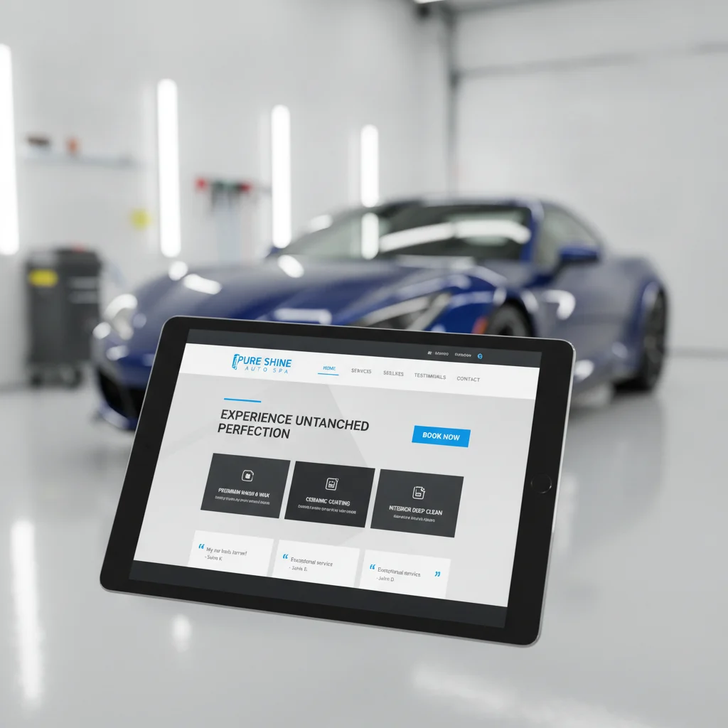A modern, sleek auto detailing business website homepage displayed on a tablet, with a blurred background showing a clean, shiny car in a professional detailing studio. The website shows clear service offerings, a prominent 'Book Now' button, and customer testimonials. The overall aesthetic is professional and inviting, emphasizing high conversion design.