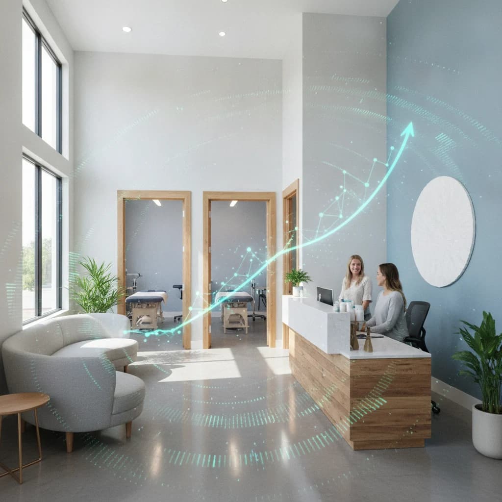 A modern, professional chiropractic clinic interior, brightly lit, with a subtle overlay of abstract digital marketing elements like upward-trending graphs and network lines, symbolizing growth and connectivity. The scene should convey a sense of health, professionalism, and technological advancement, with no text or competitor logos, and no low-lighting.