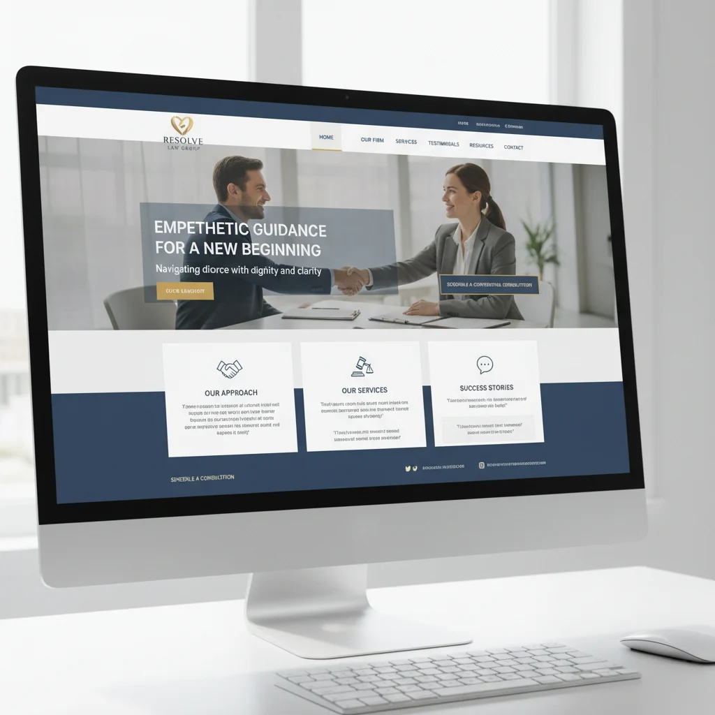A professional, modern, and clean website design mock-up on a desktop computer screen, showcasing a divorce lawyer's firm. The design emphasizes clear navigation, empathetic imagery, and prominent calls-to-action for consultations. The overall aesthetic is trustworthy and sophisticated, without any text overlays or low lighting.