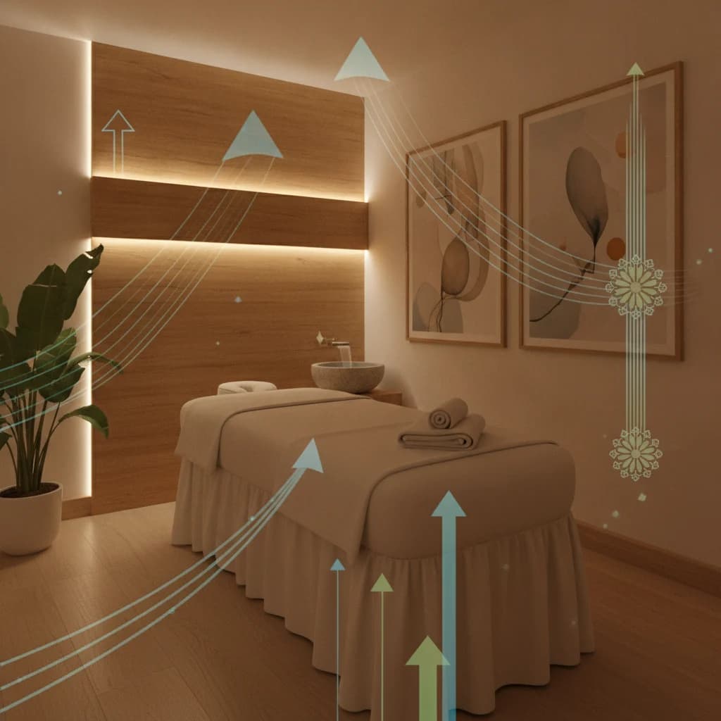A serene, modern massage therapy room with soft lighting, a massage table, and subtle digital elements overlaid, symbolizing SEO and growth. Focus on calm, professional atmosphere. No text, no competitor logos, no low-lighting.