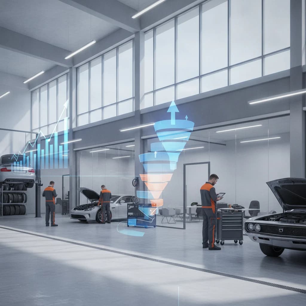 A modern, vibrant auto repair shop interior with mechanics at work, illuminated by bright, clean lighting. Subtle digital interface elements like data graphs and conversion funnels are artistically overlaid, symbolizing growth and advanced digital marketing. No text, no identifiable competitor logos, focus on professional and dynamic imagery.